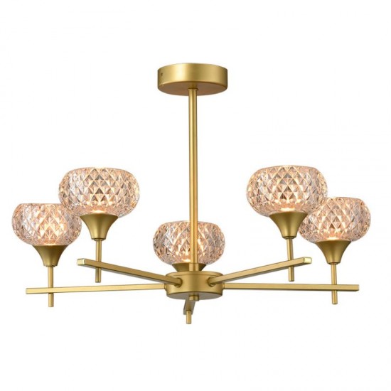 75665-005 Satin Brass 5 Light Semi Flush with Textured Glass