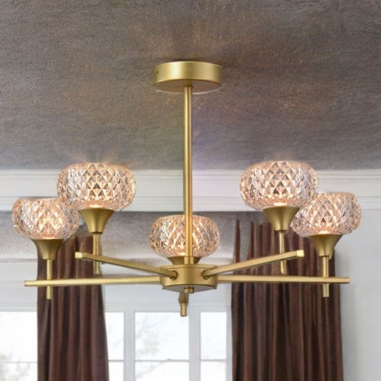 75665-005 Satin Brass 5 Light Semi Flush with Textured Glass