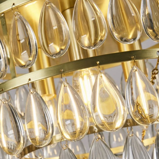 74271-10 Satin Brass 3 Light Semi Flush with Clear Glass Drops