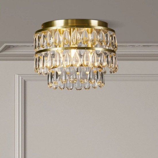 74271-10 Satin Brass 3 Light Semi Flush with Clear Glass Drops