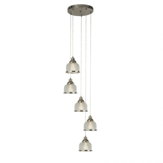 54936-006 Satin Silver 5 Light Cluster Pendant with Textured Clear Glasses