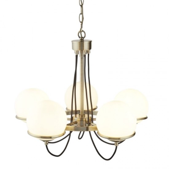 21214-006 Antique Brass 5 Light Centre Fitting with White Glasses