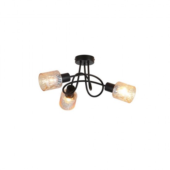 79048-006 Black 3 Light Semi Flush with Decorative Amber Glass
