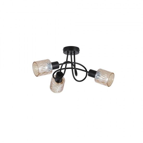 79048-006 Black 3 Light Semi Flush with Decorative Amber Glass