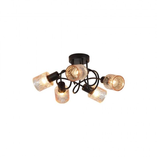 79049-006 Black 5 Light Semi Flush with Decorative Amber Glass