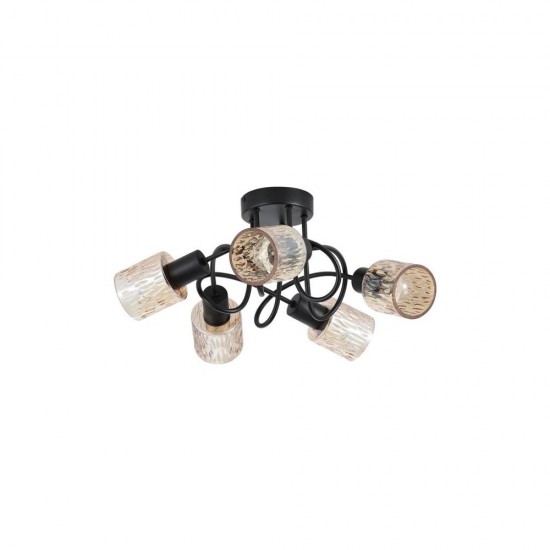 79049-006 Black 5 Light Semi Flush with Decorative Amber Glass