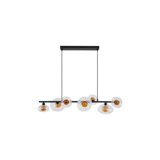 79054-006 Black 7 Light over Island Fitting with Clear & Amber Ribbed Glass