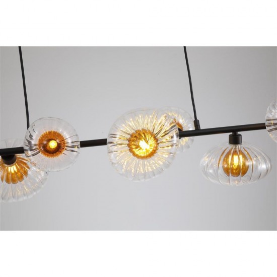 79054-006 Black 7 Light over Island Fitting with Clear & Amber Ribbed Glass