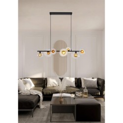 79054-006 Black 7 Light over Island Fitting with Clear & Amber Ribbed Glass