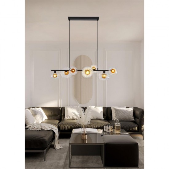 79054-006 Black 7 Light over Island Fitting with Clear & Amber Ribbed Glass