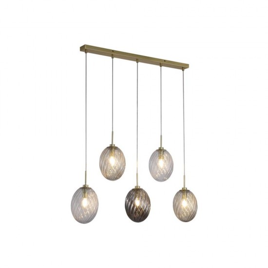 79073-006 Satin Brass 5 Light over Island Fitting with Multicoloured Swirled Glass