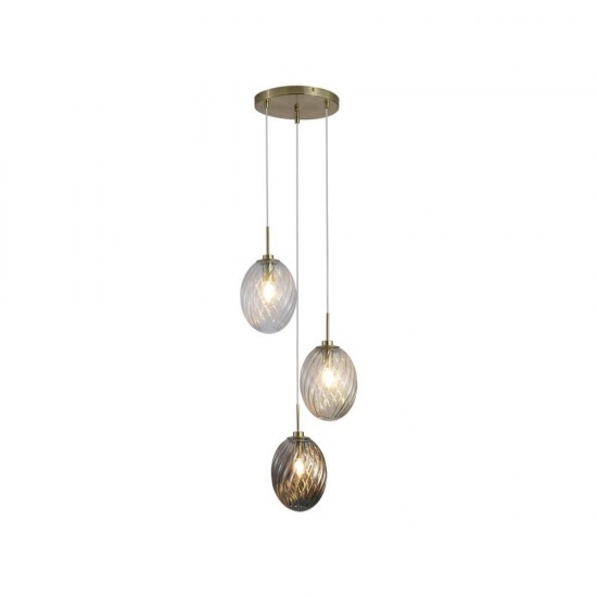 79077-006 Satin Brass 3 Light Cluster Pendant with Multicoloured Swirled Glass