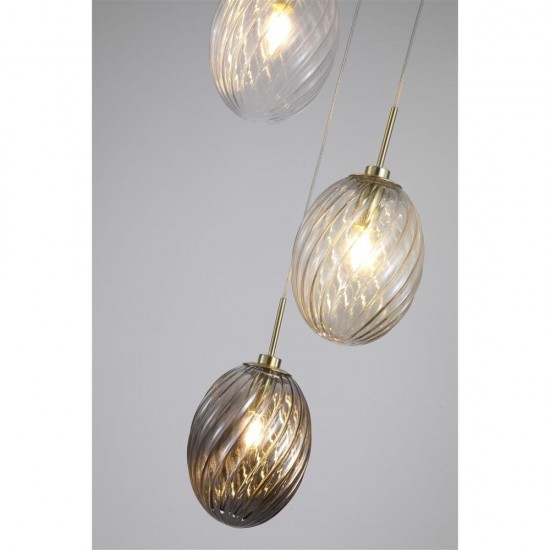 79077-006 Satin Brass 3 Light Cluster Pendant with Multicoloured Swirled Glass