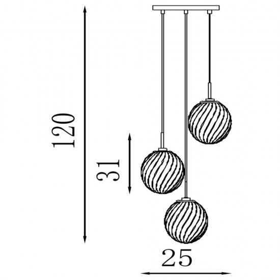 79077-006 Satin Brass 3 Light Cluster Pendant with Multicoloured Swirled Glass
