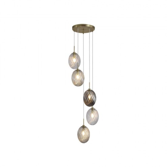 79078-006 Satin Brass 5 Light Cluster Pendant with Multicoloured Swirled Glass