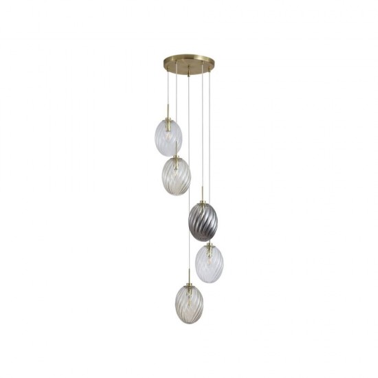 79078-006 Satin Brass 5 Light Cluster Pendant with Multicoloured Swirled Glass