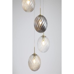 79078-006 Satin Brass 5 Light Cluster Pendant with Multicoloured Swirled Glass