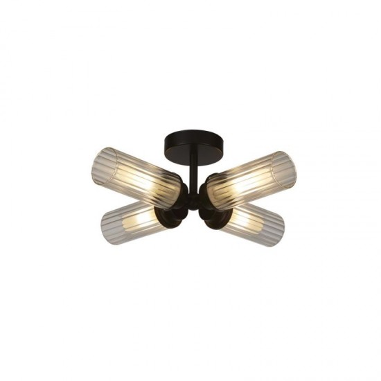 78919-006 Matt Black 4 Light Flush with Ribbed Glass IP44
