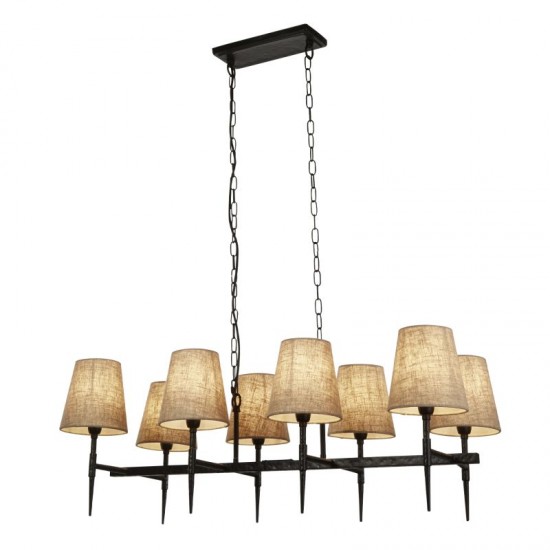 71943-006 Hammered Black 8 Light over Island Fitting with Natural Linen Shades