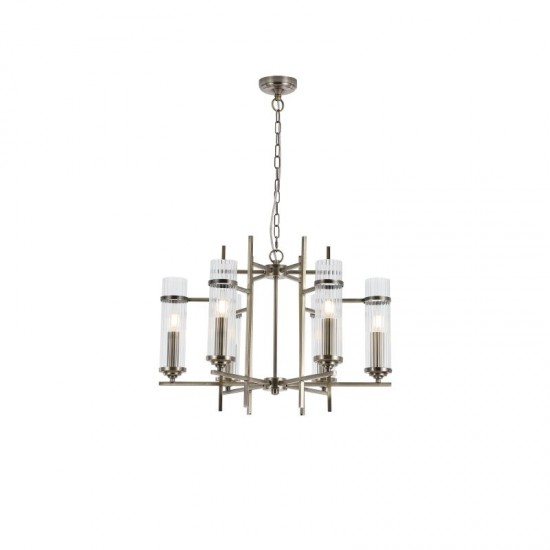 8679-006 Antique Brass 6 Light Centre Fitting with Ribbed Clear Glass