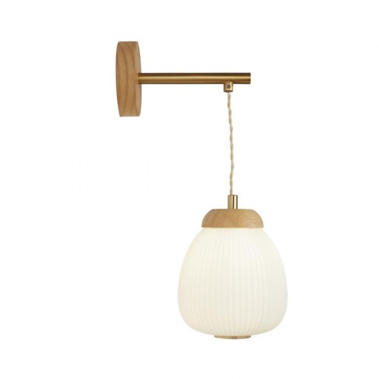 78986-006 Wooden & Brass Wall Lamp with White Ribbed Glass