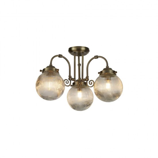79106-006 Antique Brass 3 Light Semi Flush with Clear Ribbed Glass