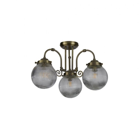 79106-006 Antique Brass 3 Light Semi Flush with Clear Ribbed Glass