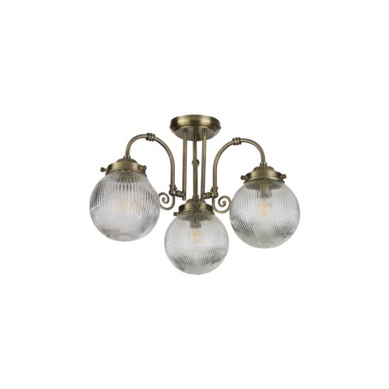 79106-006 Antique Brass 3 Light Semi Flush with Clear Ribbed Glass