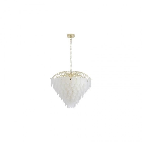 78940-006 Satin Brass 10 Light Pendant with Frosted Feather Glass