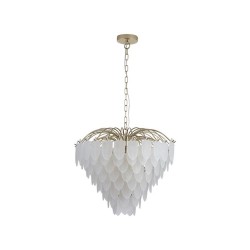 79168-006 Satin Brass 6 Light Pendant with Frosted Feather Glass