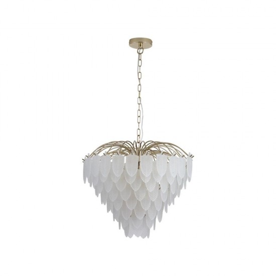 79168-006 Satin Brass 6 Light Pendant with Frosted Feather Glass
