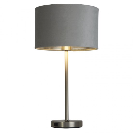 72002-006 Satin Nickel Table Lamp with Grey Velvet Shade - USB