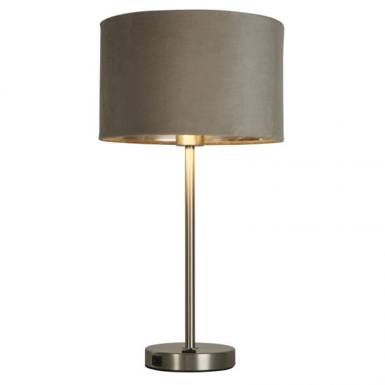 72005-006 Satin Nickel Table Lamp with Taupe Velvet Shade - USB
