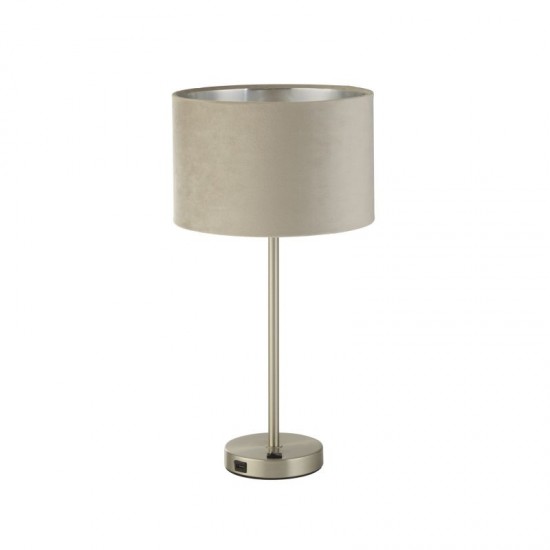 72005-006 Satin Nickel Table Lamp with Taupe Velvet Shade - USB