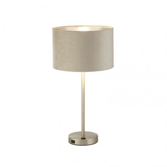 72005-006 Satin Nickel Table Lamp with Taupe Velvet Shade - USB