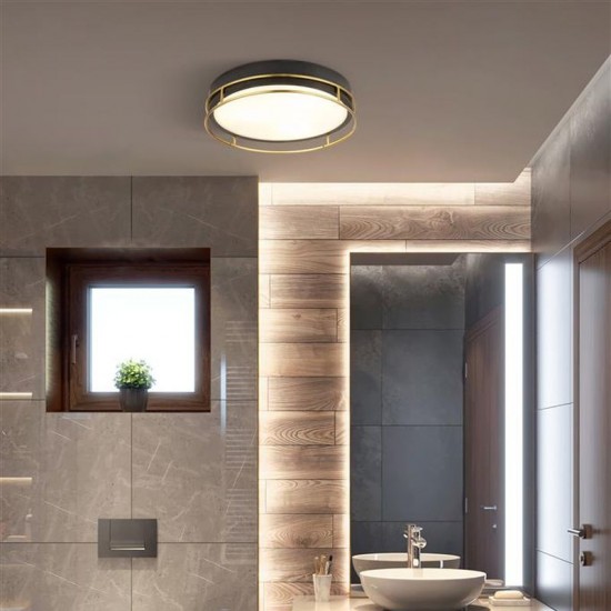 72036-006 Bathroom Black & Brass 2 Light Flush with Frosted Glass