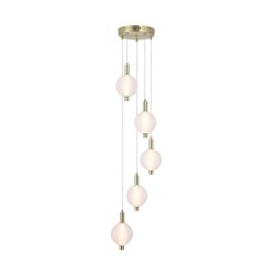 79241-006 Satin Brass 5 Light LED Cluster Pendant with White Ribbed Glass