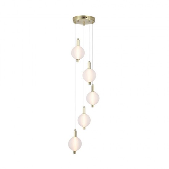 79241-006 Satin Brass 5 Light LED Cluster Pendant with White Ribbed Glass