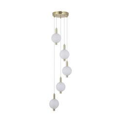 79241-006 Satin Brass 5 Light LED Cluster Pendant with White Ribbed Glass