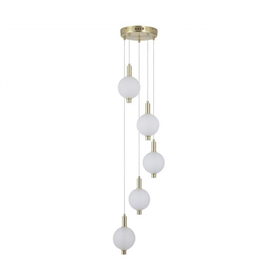 79241-006 Satin Brass 5 Light LED Cluster Pendant with White Ribbed Glass