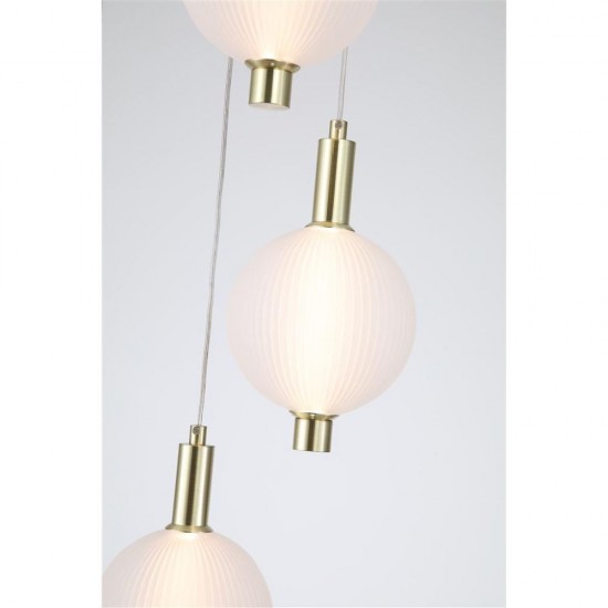 79241-006 Satin Brass 5 Light LED Cluster Pendant with White Ribbed Glass