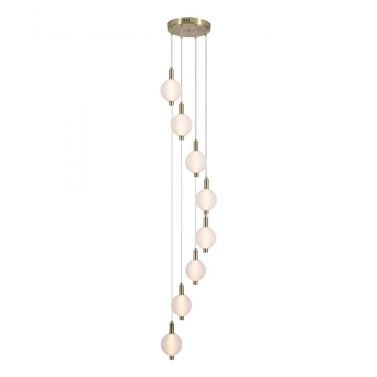79242-006 Satin Brass 8 Light LED Cluster Pendant with White Ribbed Glass