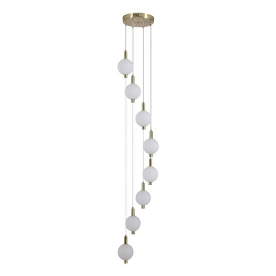 79242-006 Satin Brass 8 Light LED Cluster Pendant with White Ribbed Glass