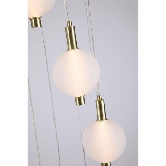 79242-006 Satin Brass 8 Light LED Cluster Pendant with White Ribbed Glass