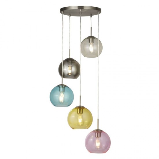 55218-006 Satin Silver 5 Light Cluster Pendant with Multicoloured Glasses