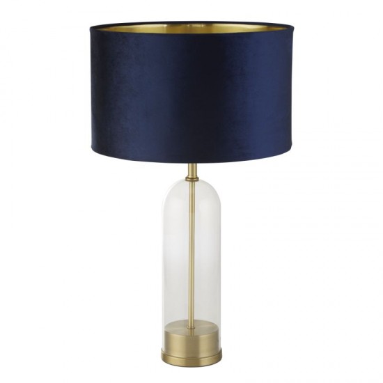 72138-006 Brass & Clear Glass Table Lamp with Navy Velvet Shade