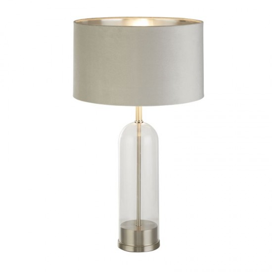 72141-006 Satin Nickel & Clear Glass Table Lamp with Grey Velvet Shade