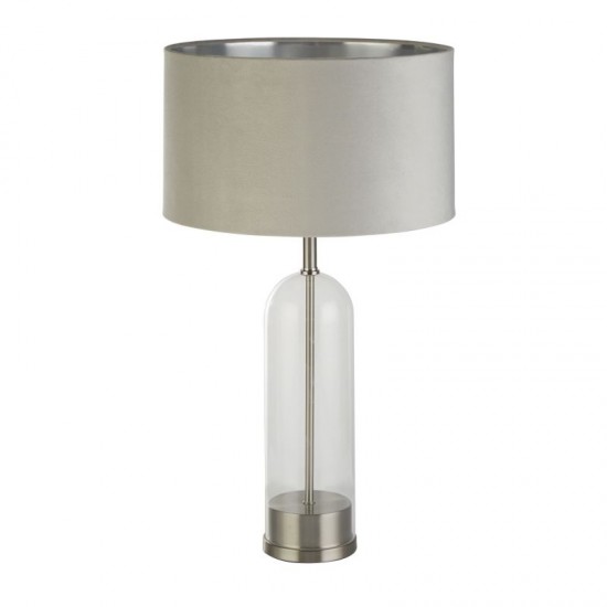 72141-006 Satin Nickel & Clear Glass Table Lamp with Grey Velvet Shade