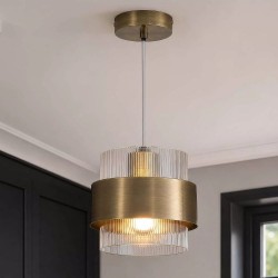 83459-006 Antique Brass Pendant with Clear Ribbed Glass