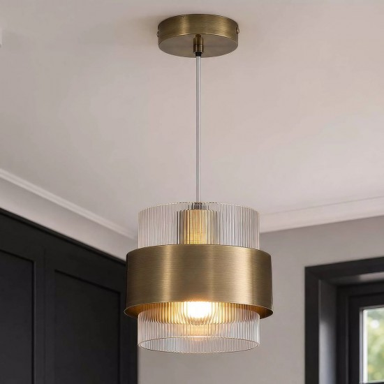 83459-006 Antique Brass Pendant with Clear Ribbed Glass